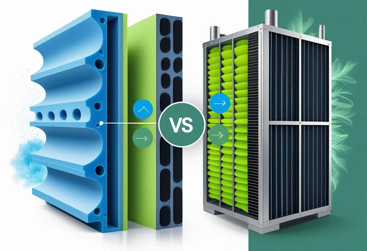 A side-by-side comparison of two products, TruFoam and Selkirk Power Air, showing detailed illustrations of each with visual indicators highlighting their differences.