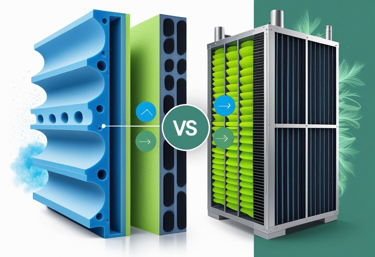 A side-by-side comparison of two products, TruFoam and Selkirk Power Air, showing detailed illustrations of each with visual indicators highlighting their differences.