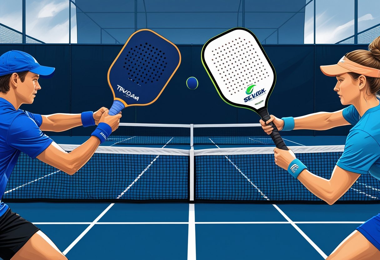Two players on a tennis court each holding a different pickleball paddle, facing each other across the net during a game.