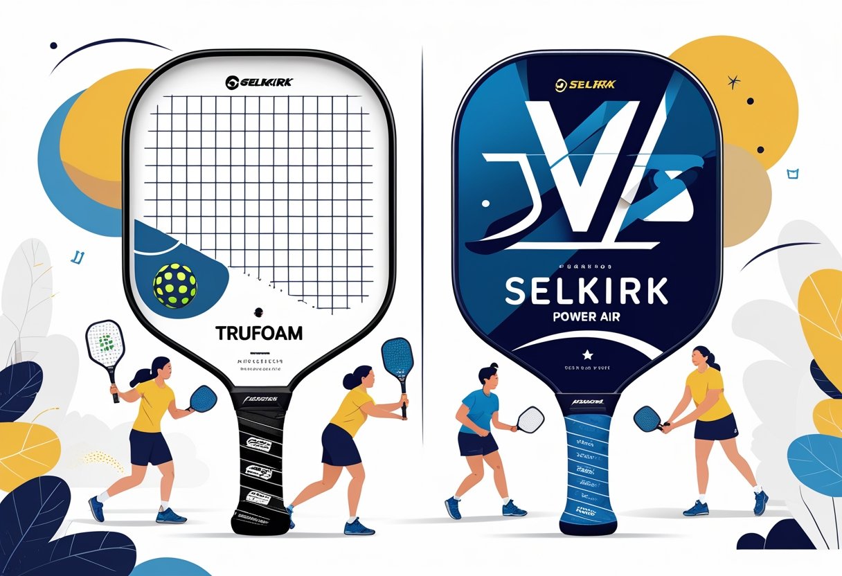 Two pickleball paddles displayed side by side with players playing pickleball in the background and icons representing feedback around them.