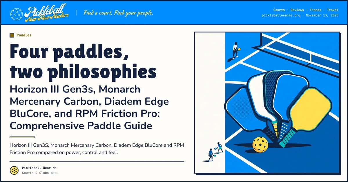 Four paddles, two philosophies — Horizon III Gen3s, Monarch Mercenary Carbon, Diadem Edge BluCore, and RPM Friction Pro: Comprehensive Paddle Guide