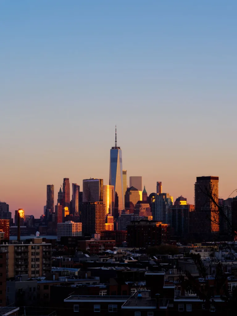 Skyline at twilight, photographed from Jersey City, New Jersey